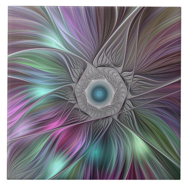 Colourful Big Flower Abstract Trippy Fractal Art Tile (Front)