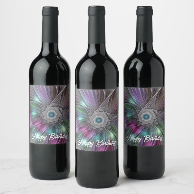 Colourful Big Flower Abstract Trippy Fractal Art Wine Label (Bottles)