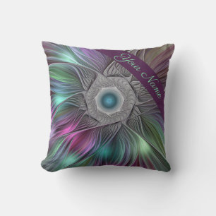 Colourful Big Flower Abstract Trippy Fractal Name Cushion