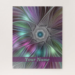 Colourful Big Flower Abstract Trippy Fractal Name Jigsaw Puzzle