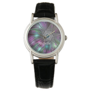 Colourful Big Flower Abstract Trippy Fractal Name Watch