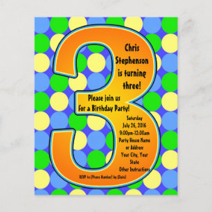 Colourful Big Number 3 Boy's Birthday Invitation