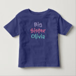 Colourful Big Sister Monogram Name Royal Toddler T-Shirt<br><div class="desc">Celebrate her new role in style with this royal purple tee featuring "Big Sister" in bold, colourful typography with a customisable name below. The vibrant lettering pops against the dark background for a fun and eye-catching pregnancy announcement or baby shower look. A personalised monogram keepsake that makes her feel just...</div>