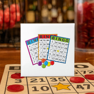 Colourful Bingo Game Cards with Chips 15 Cm Square Badge