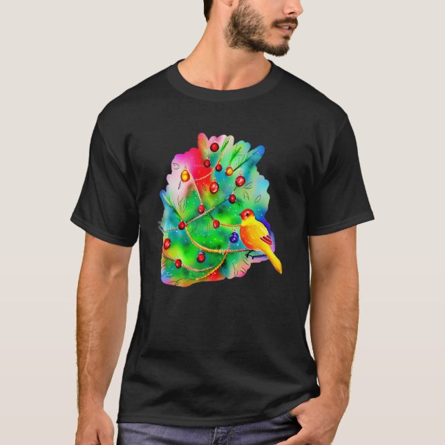 Colourful Bird Abstract Christmas Tree Watercolor  T-Shirt (Front)