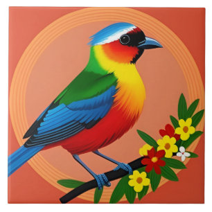 Colourful Bird Among Vibrant Flowers Tile