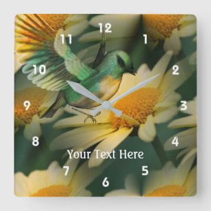 Colourful Bird And Daisies Fantasy Animal Art Square Wall Clock