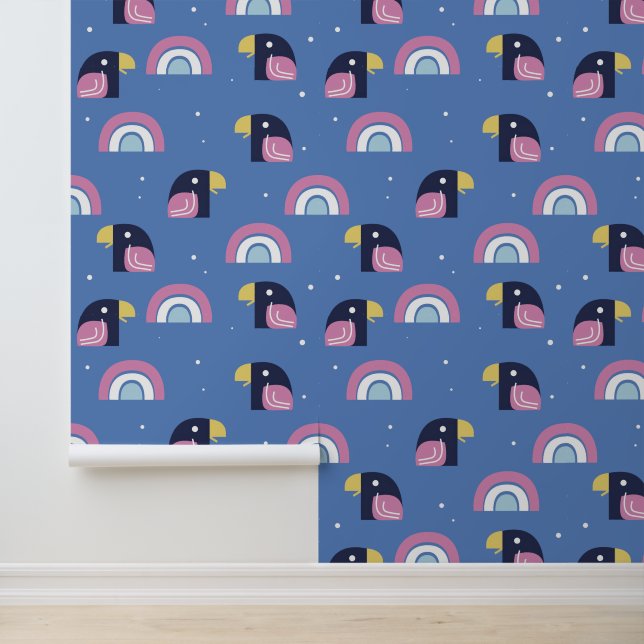 Colourful Bird and Rainbow Pattern Blue Wallpaper (Application)