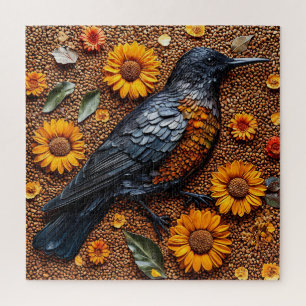 Colourful Bird Arranged with Sunflowers Jigsaw Puzzle