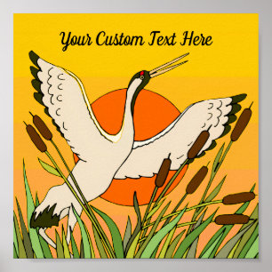Colourful bird art cattails sunset sky your messag poster