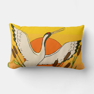 Colourful bird art with cattails and sunset sky lumbar cushion