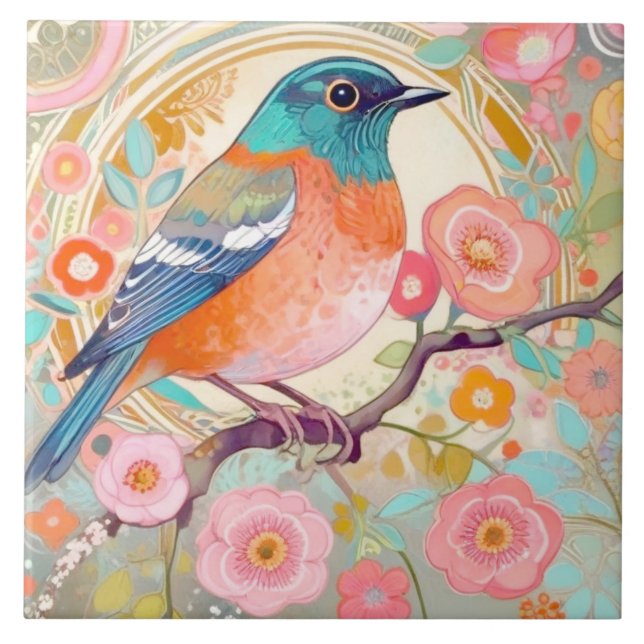 Colourful Bird Arty Pink Spring Flower Floral Tile (Front)