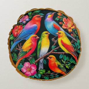 🌸 Colourful Bird Blossom Gift For Nature Lovers Round Cushion