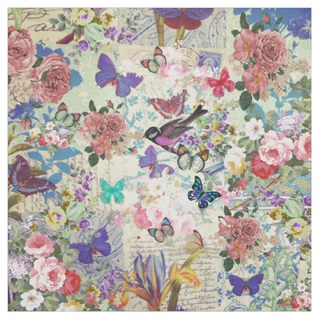 Colourful bird butterflies vintage floral pattern fabric (Swatch)