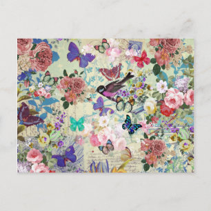Colourful bird butterflies vintage floral pattern postcard
