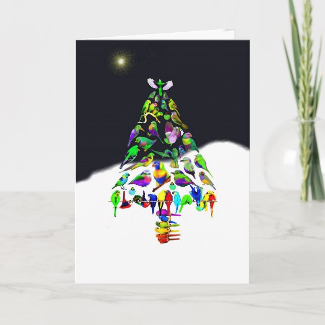 Colourful Bird Christmas Tree in the Snow Holiday Card (Front)