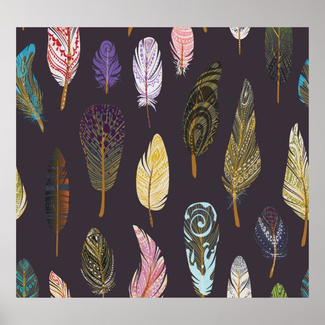 Colourful Bird Feathers Watercolor Pattern Poster (Front)