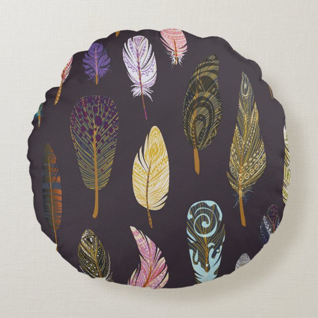 Colourful Bird Feathers Watercolor Pattern Round Cushion (Front)