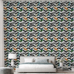Colourful bird feathers with black and white zigza wallpaper