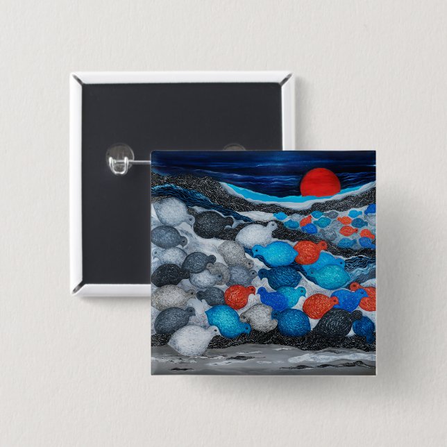 Colourful Bird Flock Red Moon Art 15 Cm Square Badge (Front & Back)