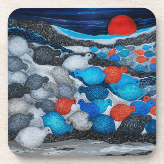 Colourful Bird Flock Red Moon Art Coaster
