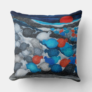 Colourful Bird Flock Red Moon Art Cushion