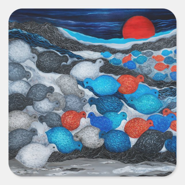 Colourful Bird Flock Red Moon Art Square Sticker (Front)