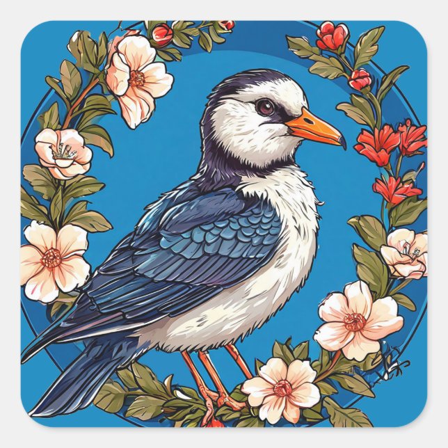 🐦 Colourful Bird Floral Decor 🐦 Square Sticker (Front)
