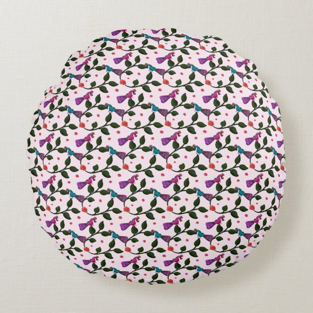 Colourful Bird Floral Seamless Pattern  Tapestry Round Cushion (Front)