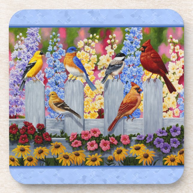 Colourful Bird Flower Garden Blue Coaster (Front)