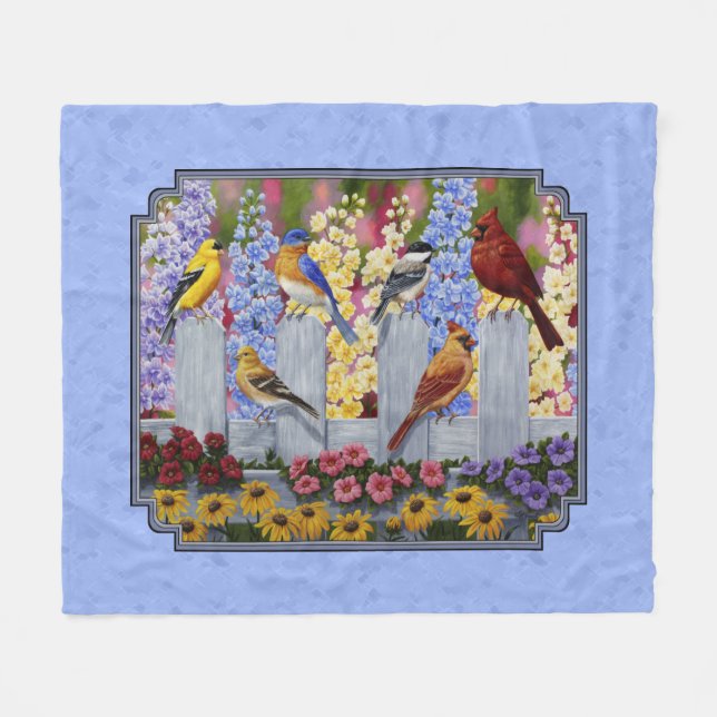 Colourful Bird Flower Garden Blue Fleece Blanket (Front (Horizontal))