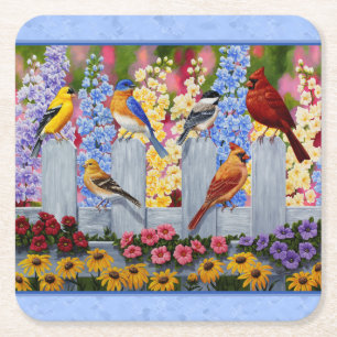 Colourful Bird Flower Garden Blue Square Paper Coaster