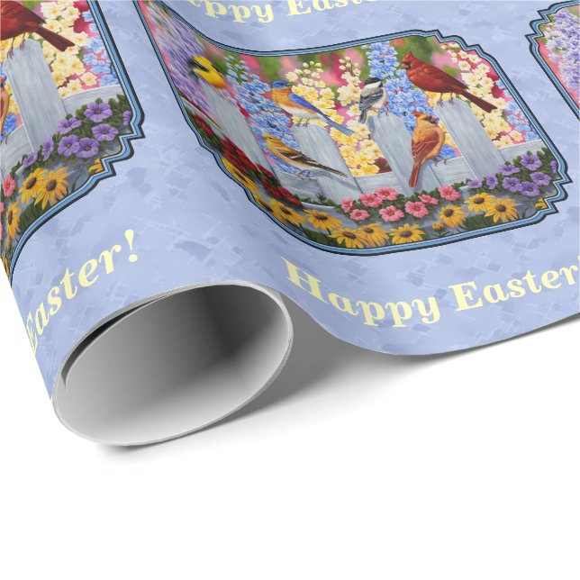 Colourful Bird Flower Garden Blue Wrapping Paper (Roll Corner)