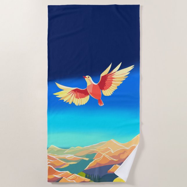 Colourful bird flying above the mountains beach towel (Front)