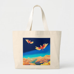Colourful bird flying above the mountains large tote bag