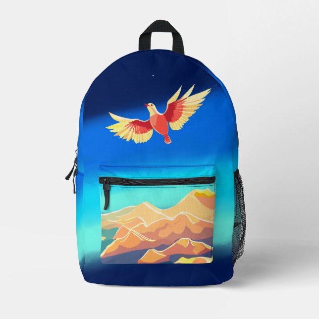 Colourful bird flying above the mountains printed backpack (Front)