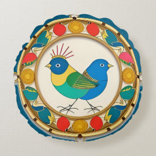 Colourful Bird in Ornate Framed Artwork Round Cushion