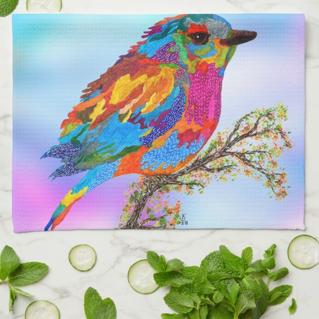 Colourful Bird on a Branch 1/2 Fold Kitchen Towel (Folded)