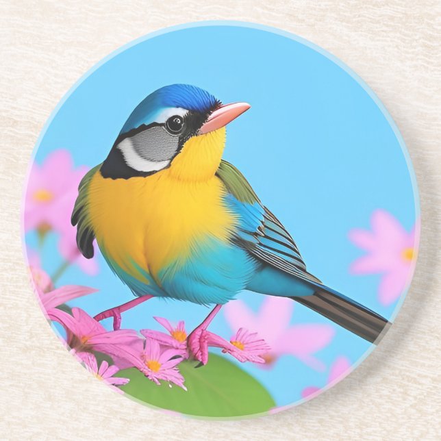 Colourful Bird on Blooming Branch Coaster (Front)