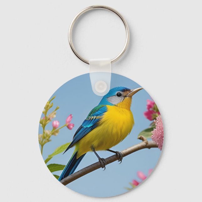 Colourful Bird on Blooming Branch Key Ring (Front)