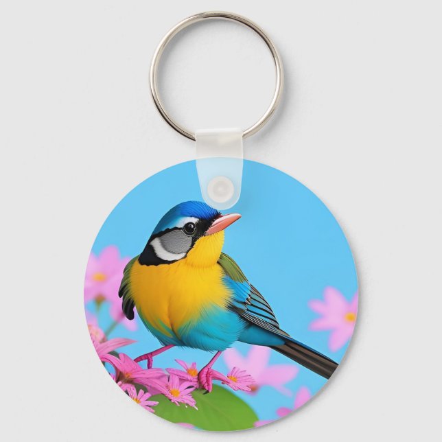 Colourful Bird on Blooming Branch Key Ring (Front)