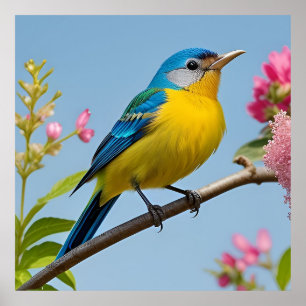 Colourful Bird on Blooming Branch Poster