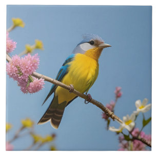 Colourful Bird on Blooming Branch Tile