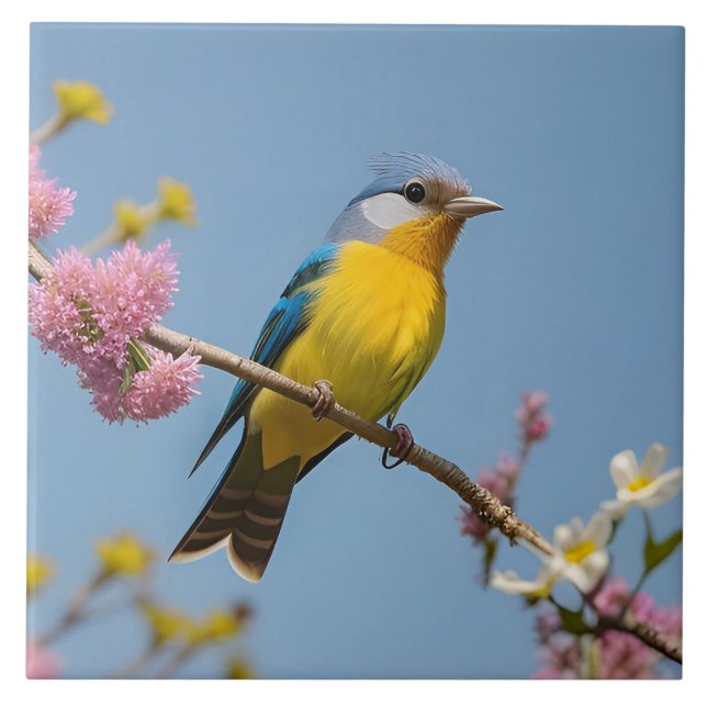 Colourful Bird on Blooming Branch Tile (Front)