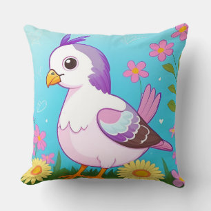 Colourful Bird on Branch Framed with Flowers Cushion