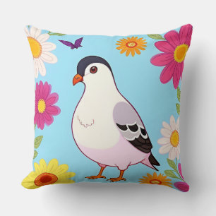 Colourful Bird on Branch Framed with Flowers Cushion