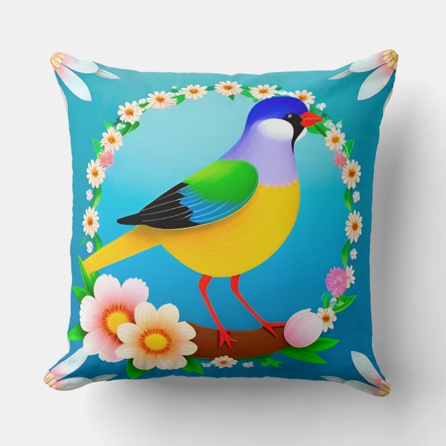 Colourful Bird on Branch Framed with Flowers Cushion (Front)