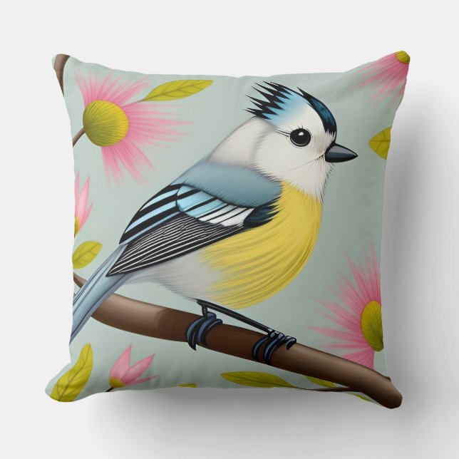 Colourful Bird on Branch Framed with Flowers Cushion (Front)