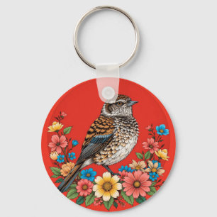 Colourful Bird on Branch Framed with Flowers Key Ring