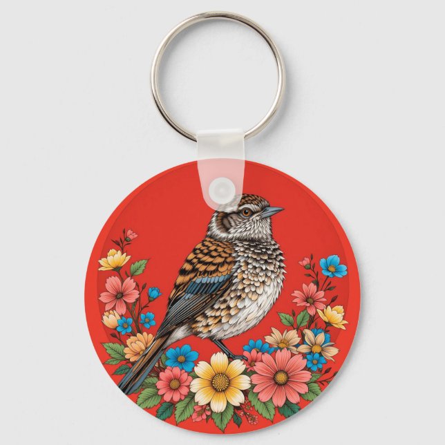 Colourful Bird on Branch Framed with Flowers Key Ring (Front)